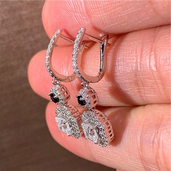 New CZ Drop Diamond Blue Crystal Square Earrings for Women, HA4527 - Picture 4 of 5